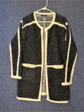 Piccadilly Canada Black & White Open-Front Fuzzy Cardigan Sweater